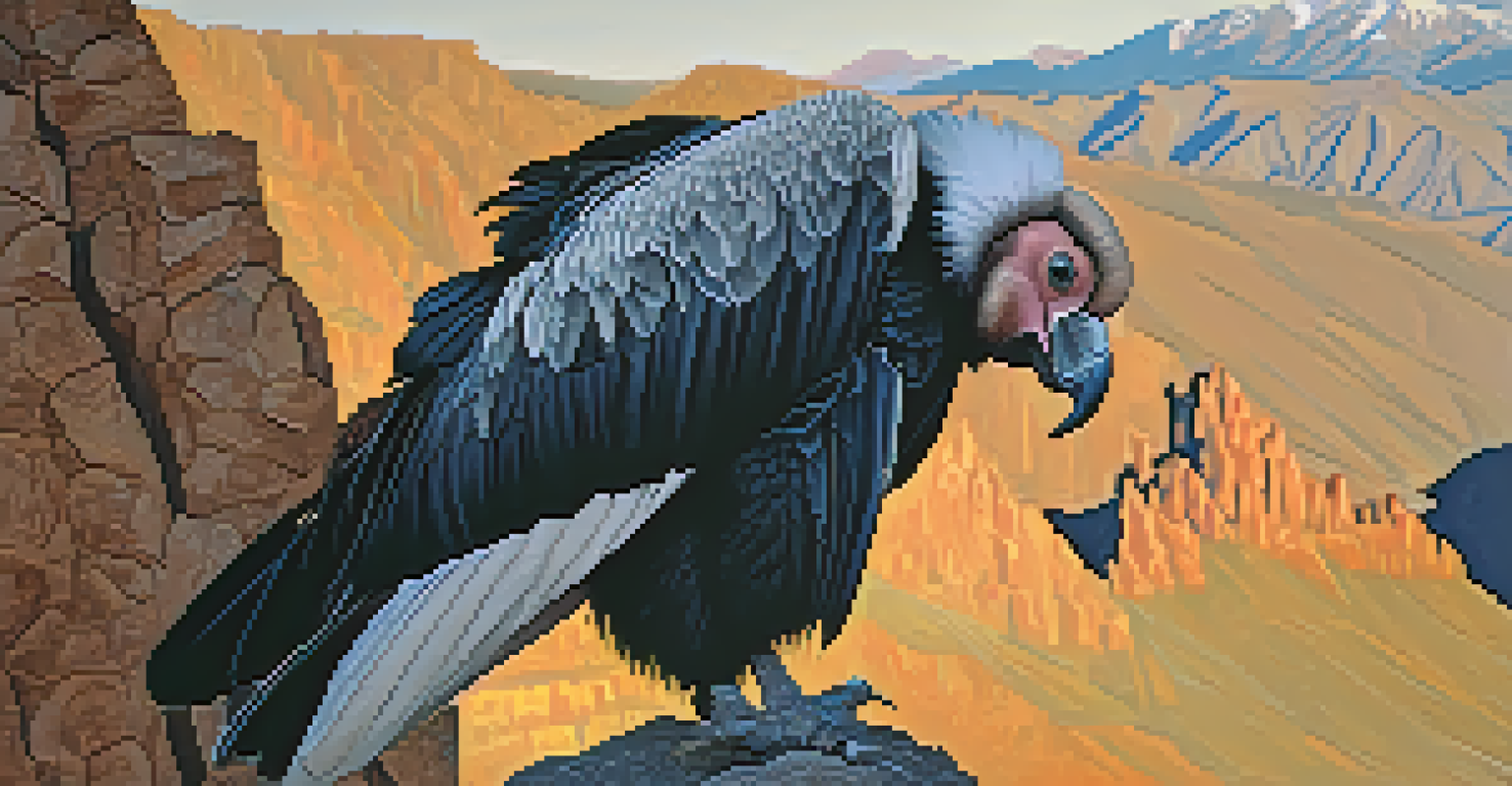 A close-up of an Andean Condor sitting on a rocky ledge, with the Andes Mountains behind it, highlighting the bird's features and the textures of the rocks.