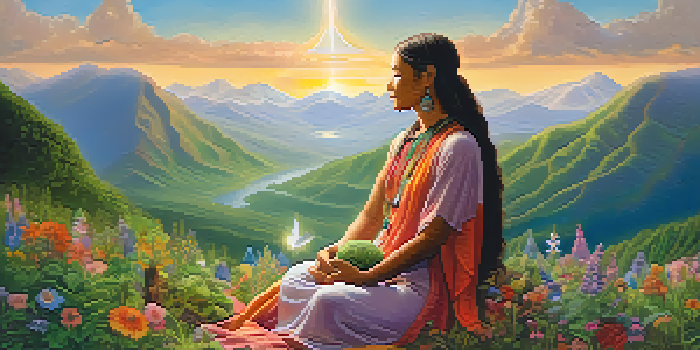 A nurturing goddess representing Pachamama, surrounded by mountains, flowers, and a bright sky, cradling the earth in her hands.