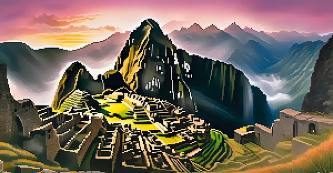 A stunning view of Machu Picchu at sunrise, with mist and golden light illuminating the ancient ruins surrounded by green mountains.