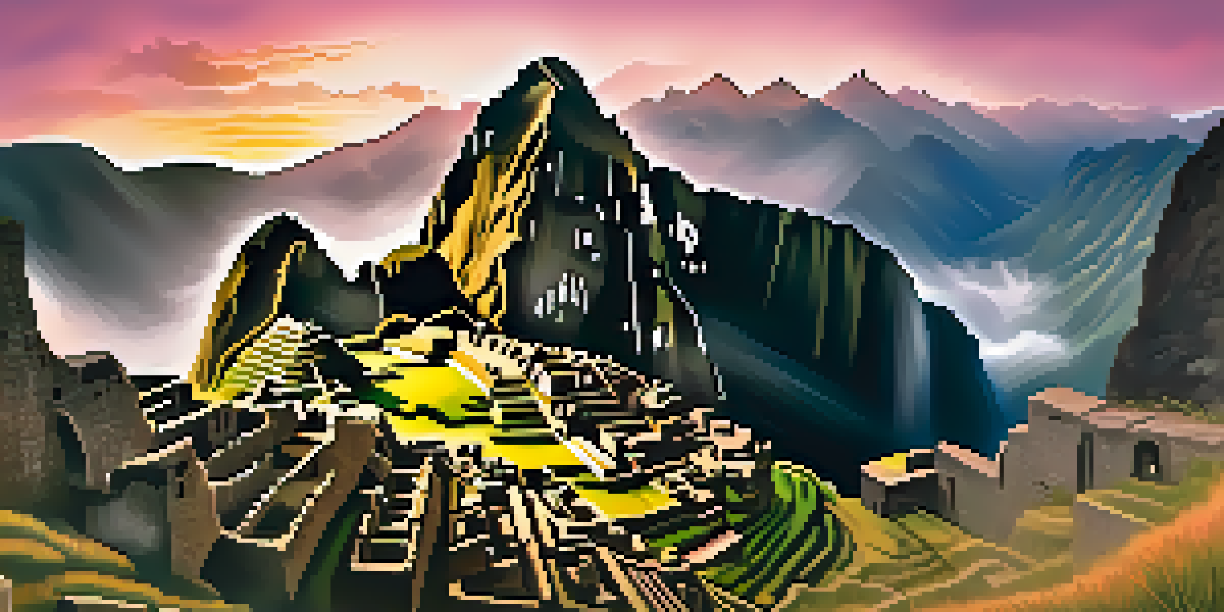 A stunning view of Machu Picchu at sunrise, with mist and golden light illuminating the ancient ruins surrounded by green mountains.