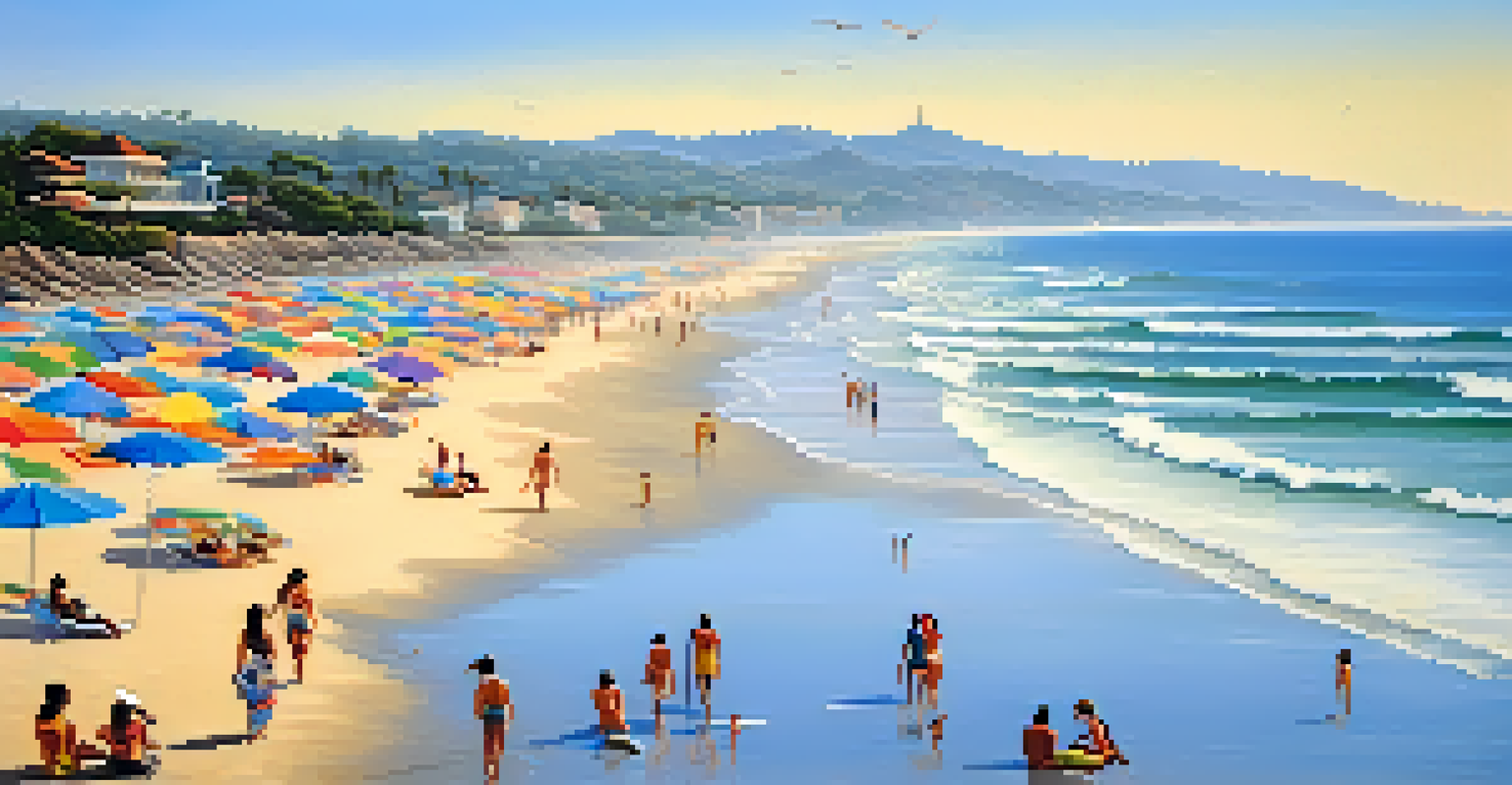 A tranquil beach scene with surfers, soft sands, and colorful umbrellas under a clear blue sky.