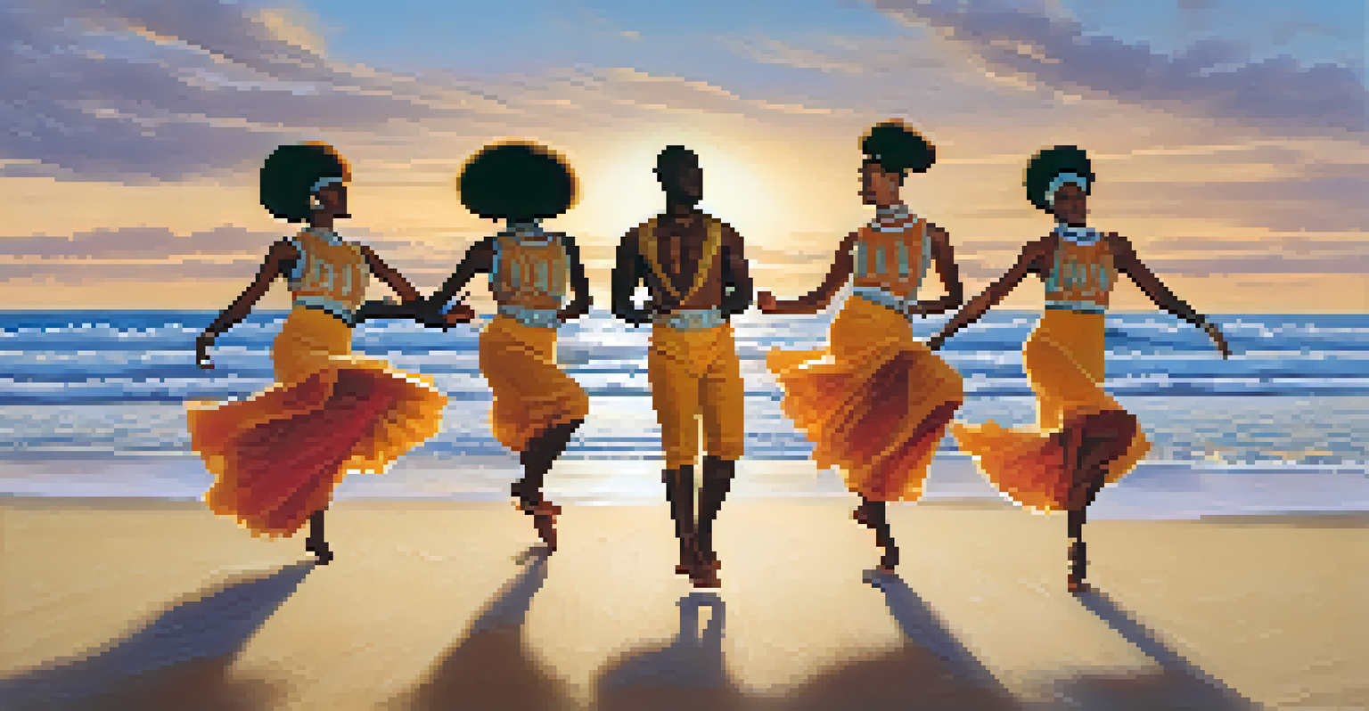 Group of Afro-Peruvian dancers performing Lando dance on a sandy beach at sunset, with ocean waves and a warm golden glow in the background.