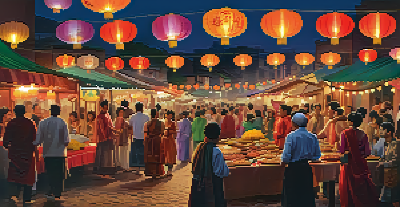 A vibrant cultural festival at dusk with people dancing and enjoying food together.
