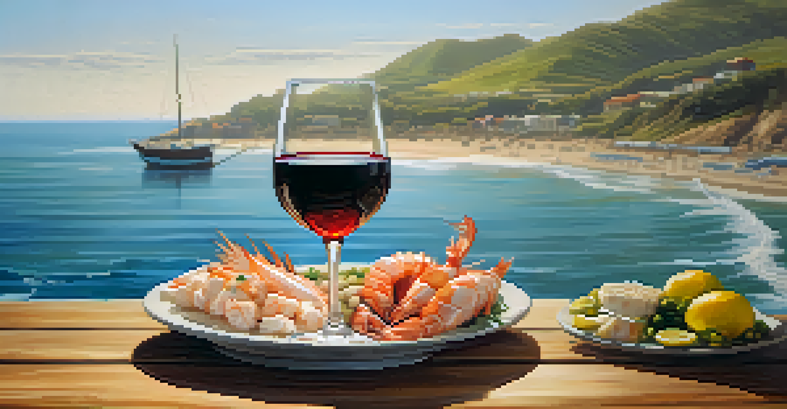 A glass of Torontel wine on a wooden table with seafood dishes and a coastal landscape in the background.
