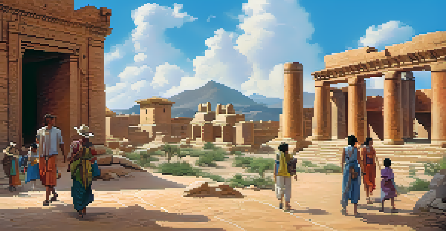 Visitors exploring the ancient ruins of Chan Chan, with large plazas and adobe structures in view.
