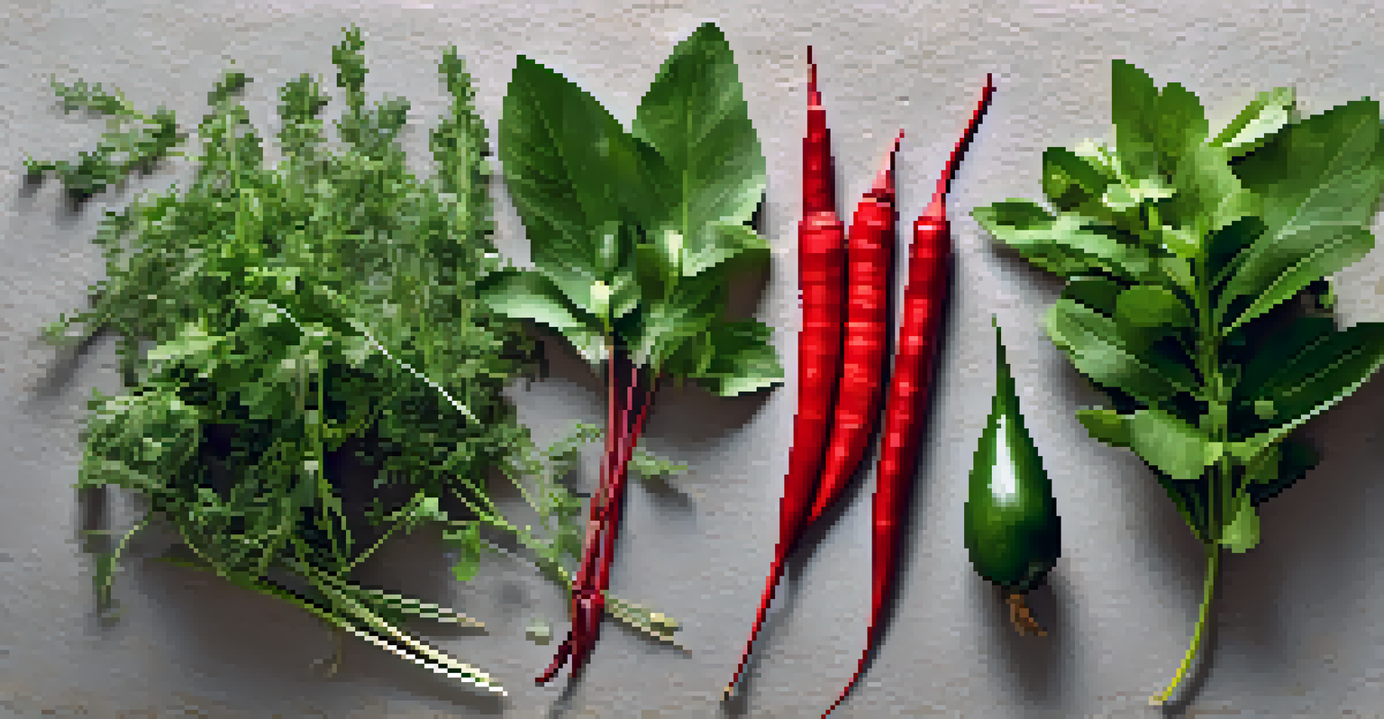 A close-up of fresh Peruvian herbs and spices, showcasing huacatay, achiote seeds, and cilantro on a stone surface.