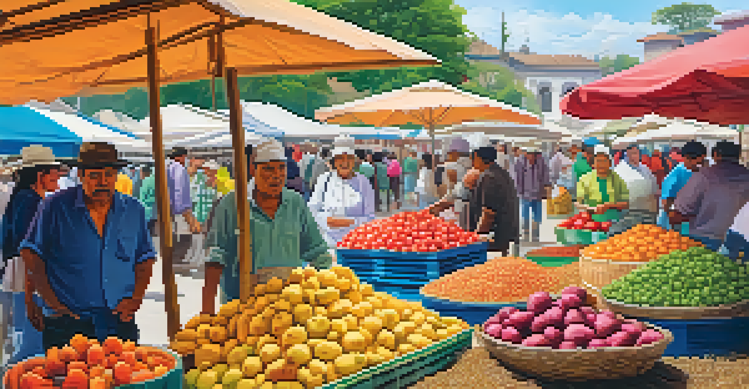 A bustling farmers' market in Peru with colorful stalls of fruits and grains, highlighting local agriculture.