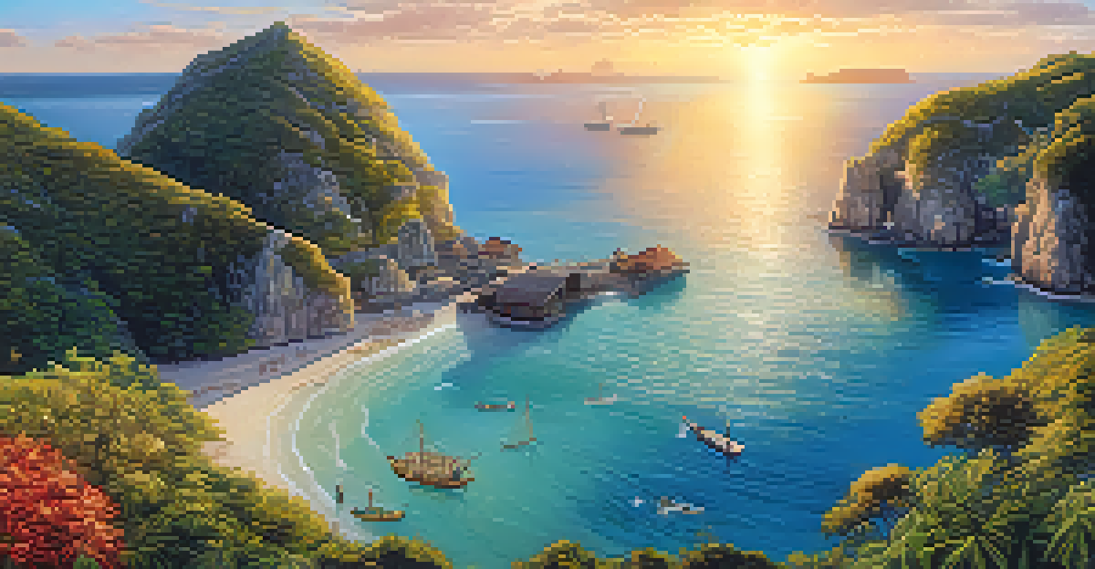 An aerial view of a coastal heritage site with tourists biking, clear waters, and a sunset backdrop.