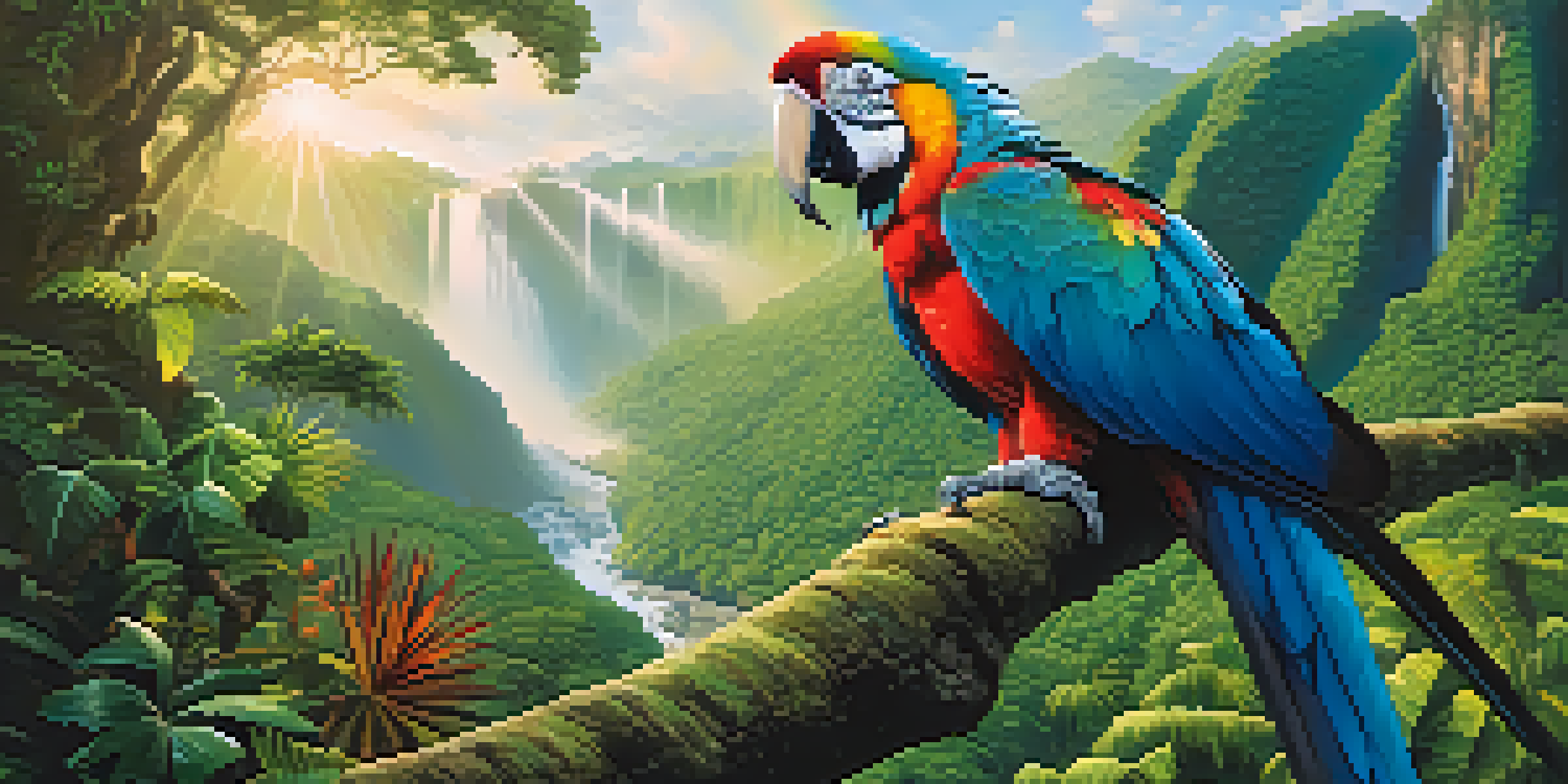 A panoramic view of Manu National Park featuring a lush rainforest with a colorful macaw on a branch and a distant waterfall, illuminated by sunlight filtering through the trees.