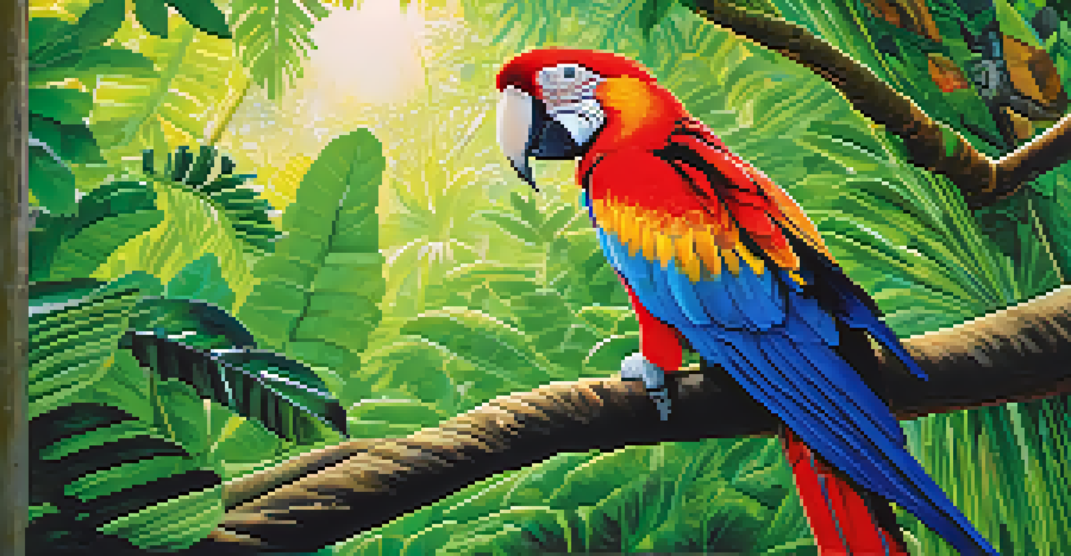 A colorful macaw perched on a branch in Manu National Park, surrounded by lush foliage and dappled sunlight.