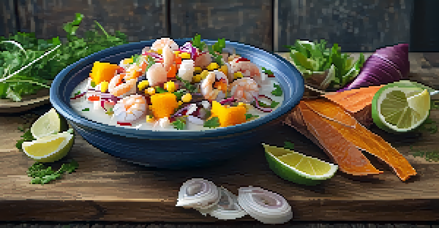 A beautifully arranged plate of ceviche featuring fresh fish, citrus, and vibrant garnishes, set on a rustic wooden table.