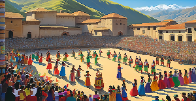 A lively festival in an Andean community with traditional dancers in colorful costumes, set against ancient ruins and terraced hills under a clear blue sky.