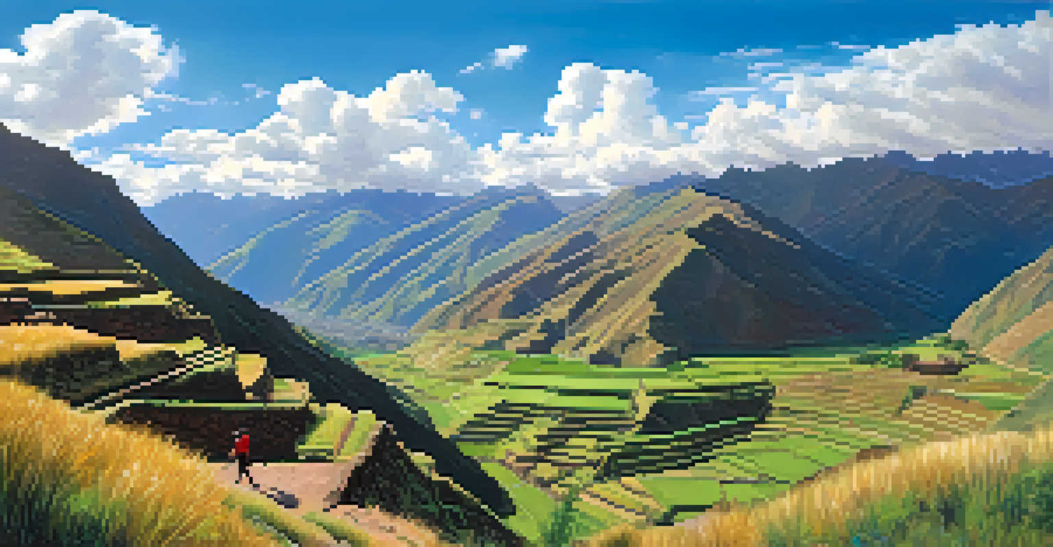 A panoramic view of the Sacred Valley in Peru with terraced hills, mountains, and a hiker at a viewpoint.