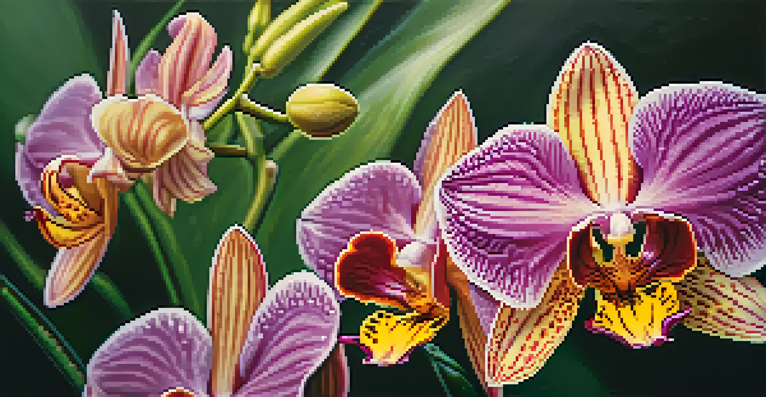 A close-up view of colorful orchids in the Sacred Valley, with dew drops on the petals and a blurred background.