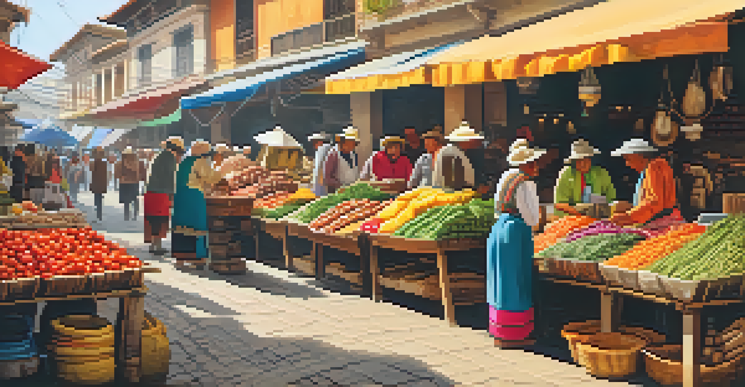 A lively market scene in Peru during summer, showcasing traditional dishes and colorful stalls.