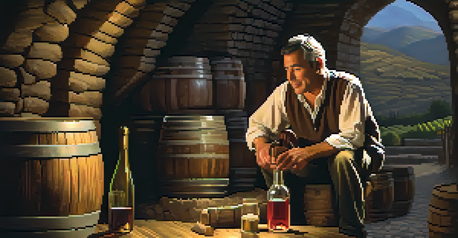 A winemaker tasting wine in a rustic cellar with wooden barrels.
