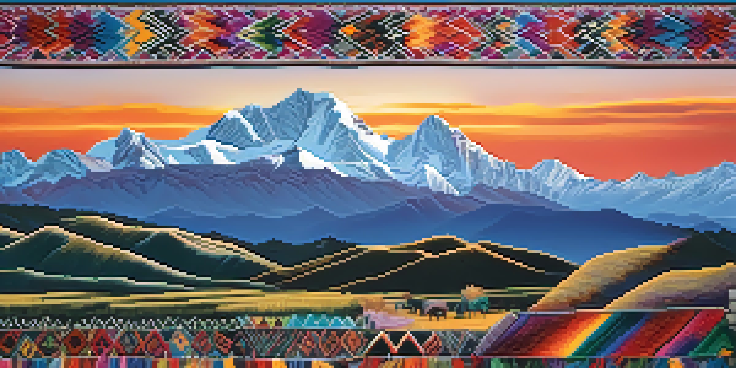 A breathtaking sunrise over the Andean mountains with colorful textiles in the foreground.