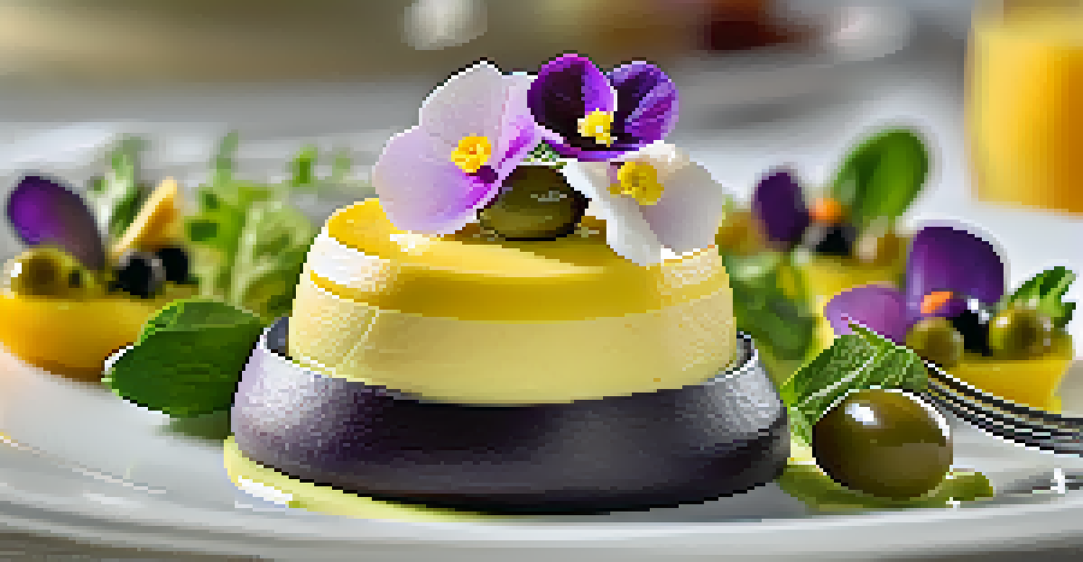 A plated 'Causa Rellena' dish with layers of yellow potato and avocado, garnished with olives and edible flowers on a white plate.