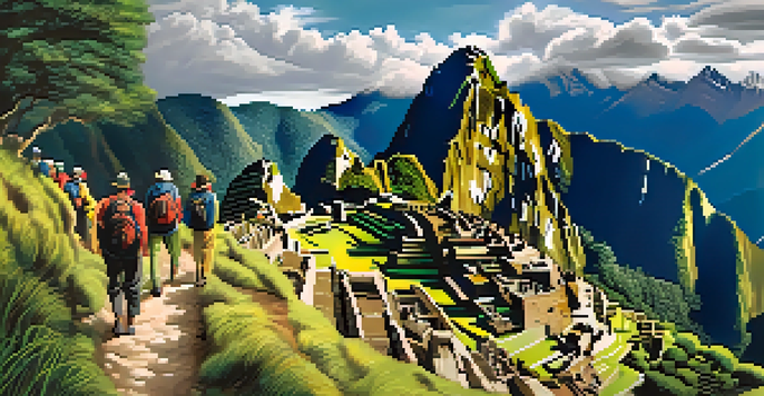 A panoramic view of hikers on the Inca Trail leading to Machu Picchu, surrounded by mountains and lush greenery.