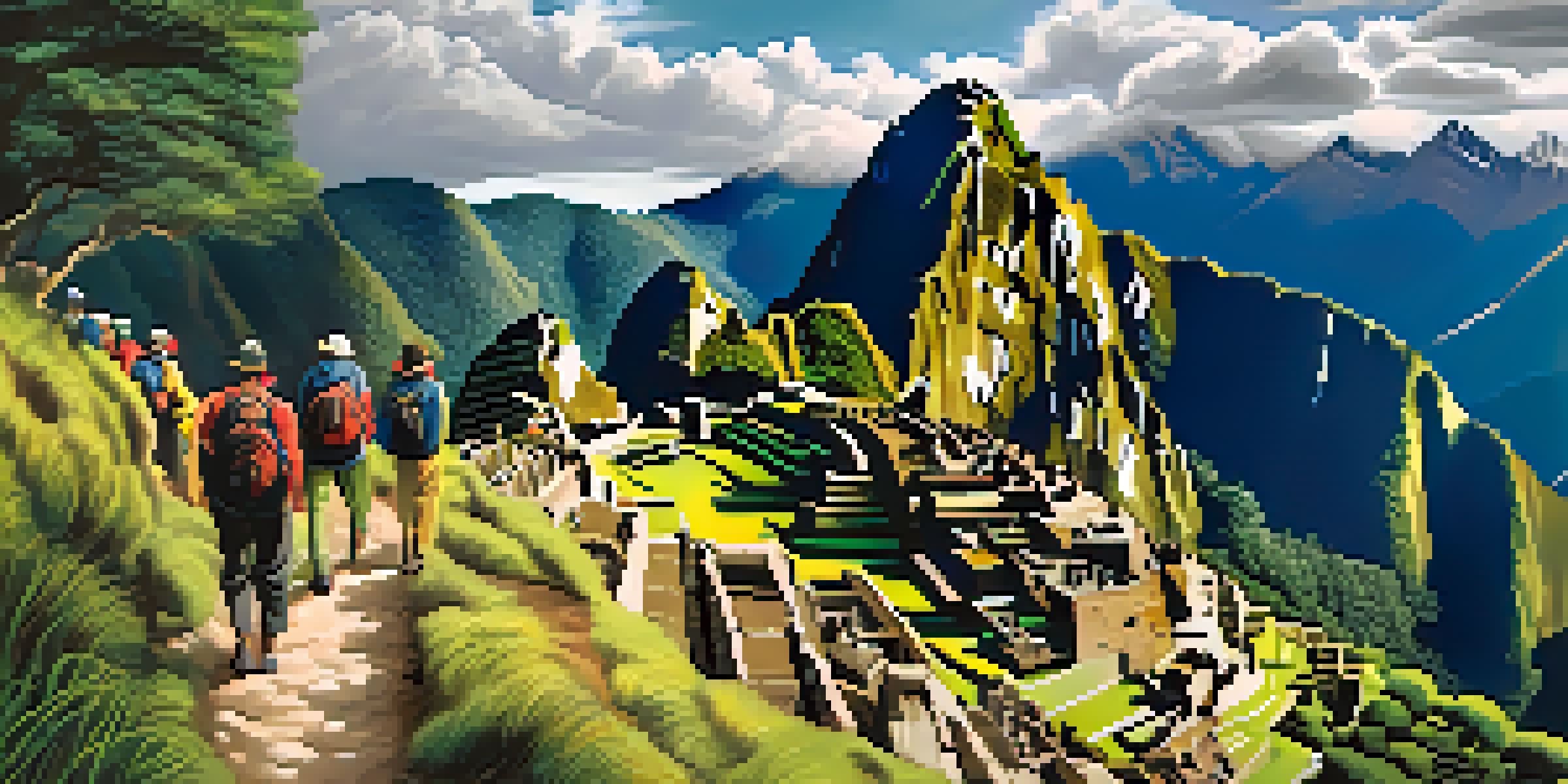 A panoramic view of hikers on the Inca Trail leading to Machu Picchu, surrounded by mountains and lush greenery.