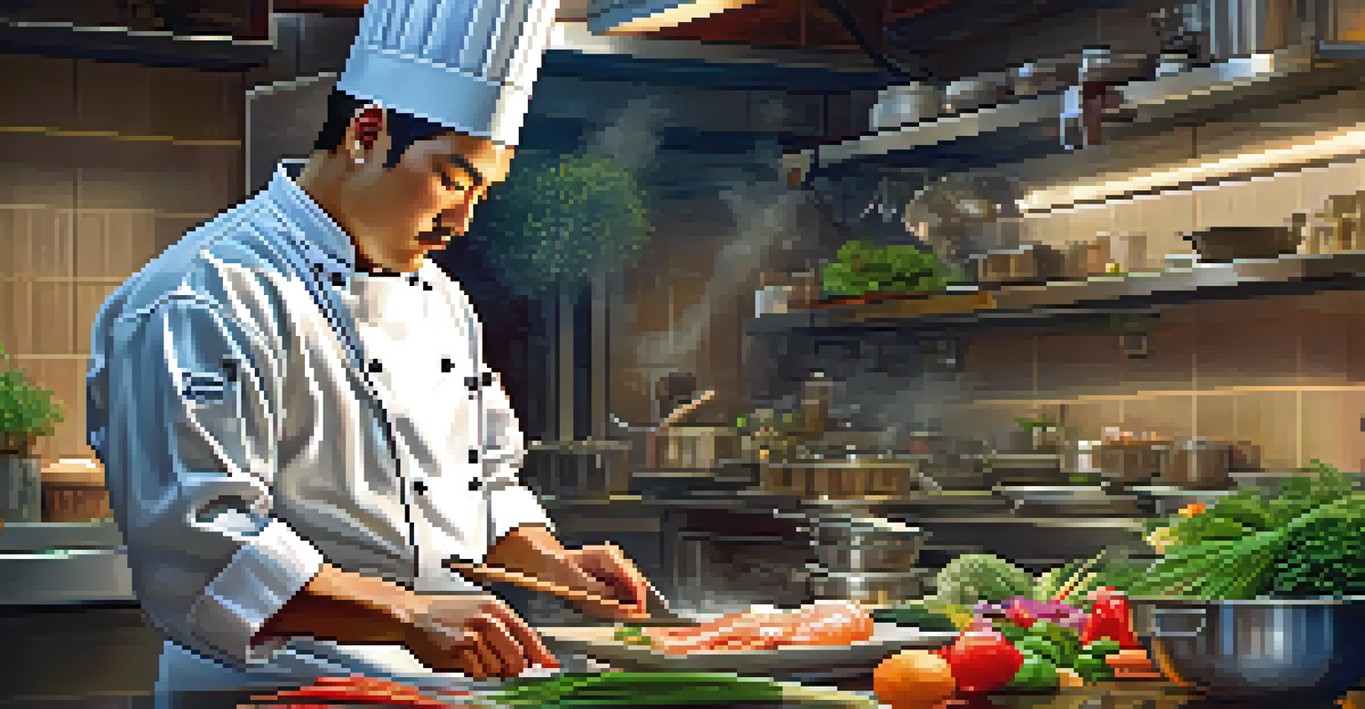 A chef in a modern kitchen preparing a fusion dish with Japanese and Peruvian ingredients, surrounded by fresh seafood and vegetables.