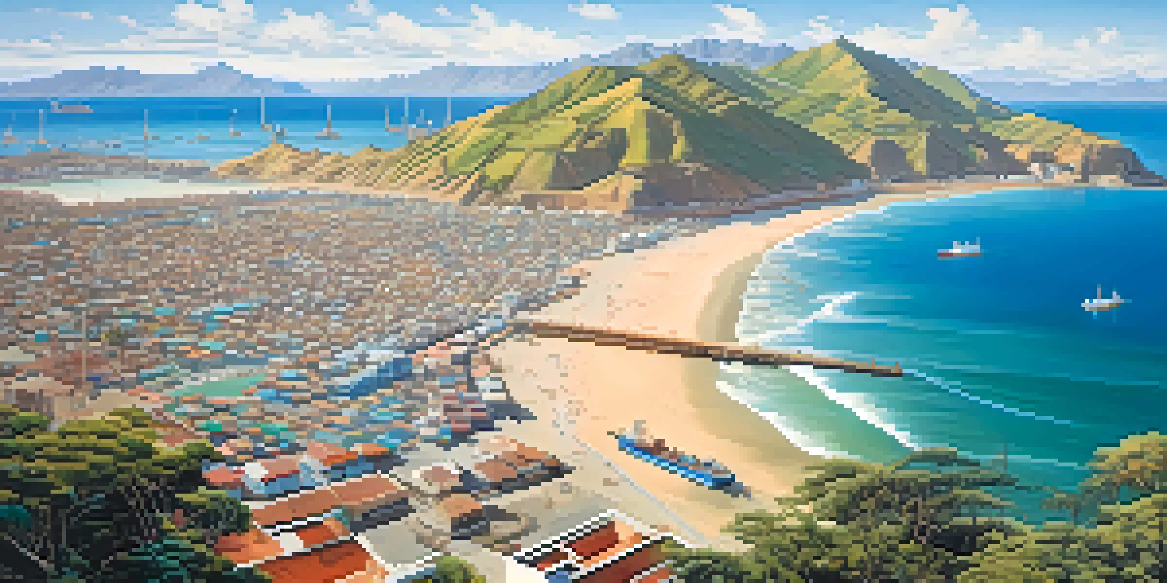 Aerial view of Peru's Pacific coastline with Callao port, featuring ocean, sandy beaches, ships, and the Andes mountains in the background.