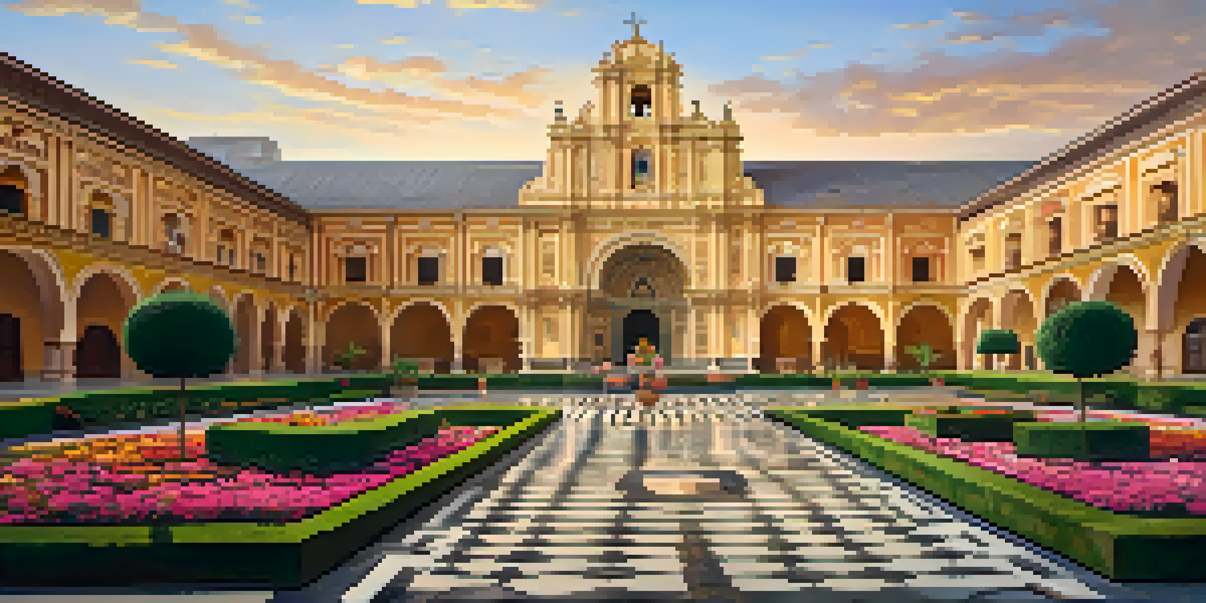 A view of the Monastery of San Francisco with intricate baroque architecture, a courtyard filled with flowers, and warm golden lighting.