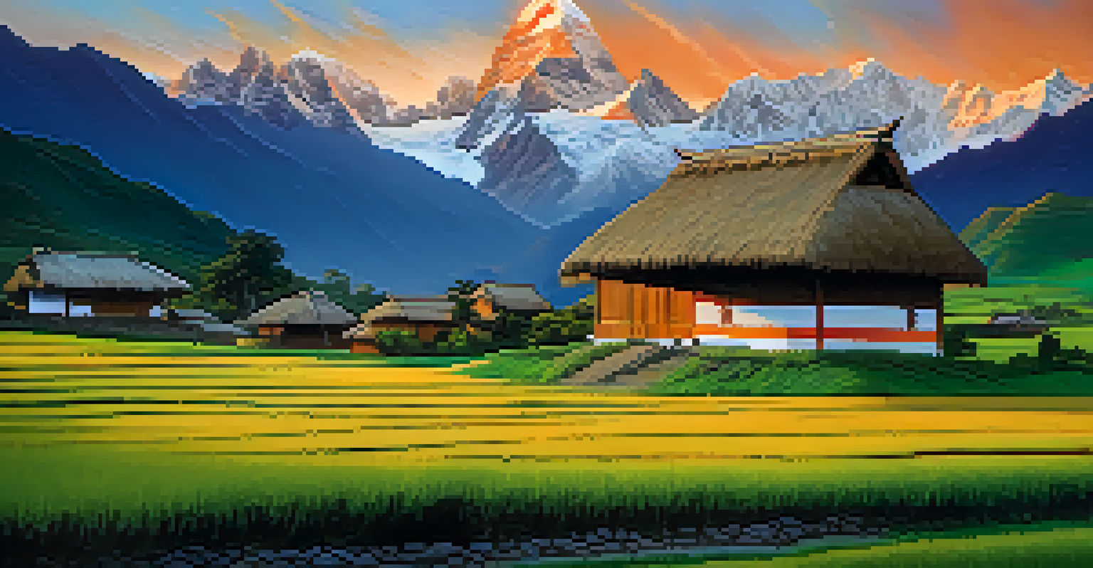 A peaceful dusk landscape of the Peruvian Andes with mountains and a traditional house.