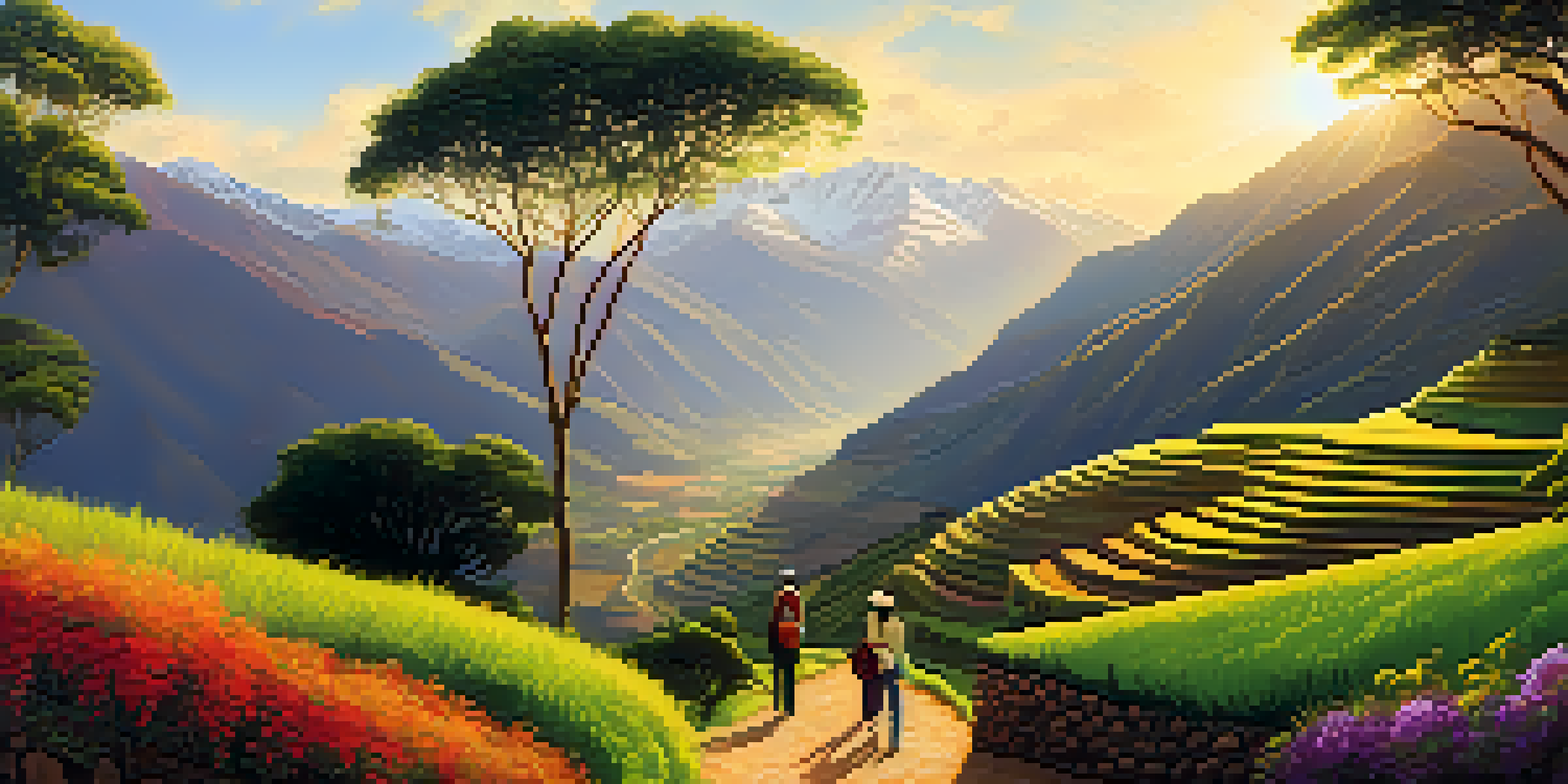 A scenic view of the Sacred Valley in Peru with green terraces and mountains, lit by golden sunlight, featuring an accessible path and travelers.