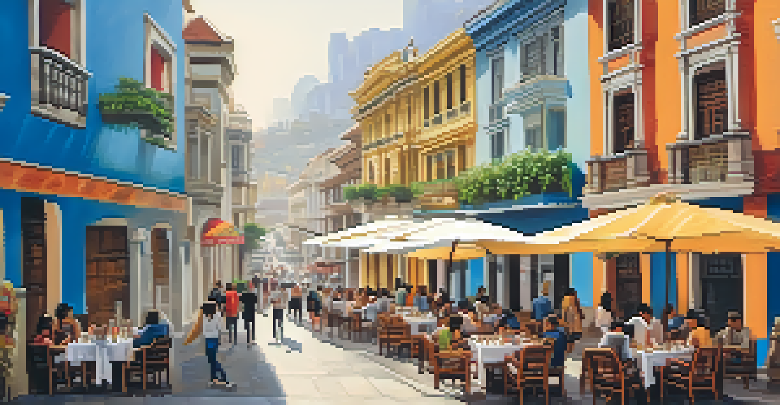 A lively street in Lima featuring colorful colonial buildings, outdoor cafes, and vibrant street art under warm afternoon sunlight.