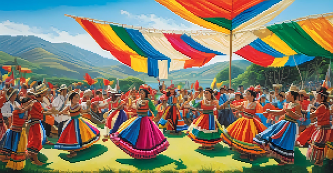 A lively Peruvian folk music festival with dancers in colorful costumes performing, musicians playing guitars and cajóns, and a vibrant crowd in the background.