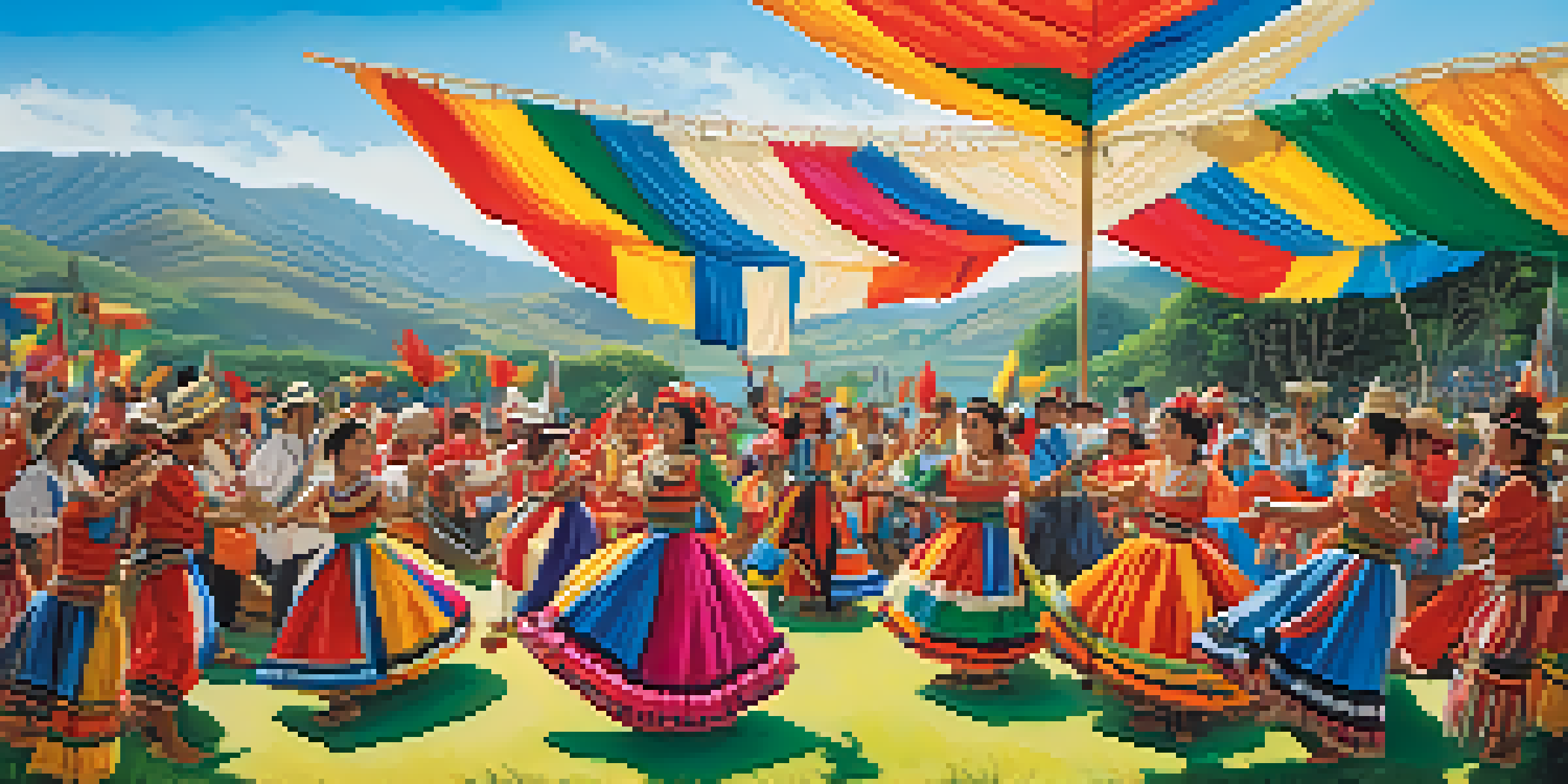A lively Peruvian folk music festival with dancers in colorful costumes performing, musicians playing guitars and cajóns, and a vibrant crowd in the background.