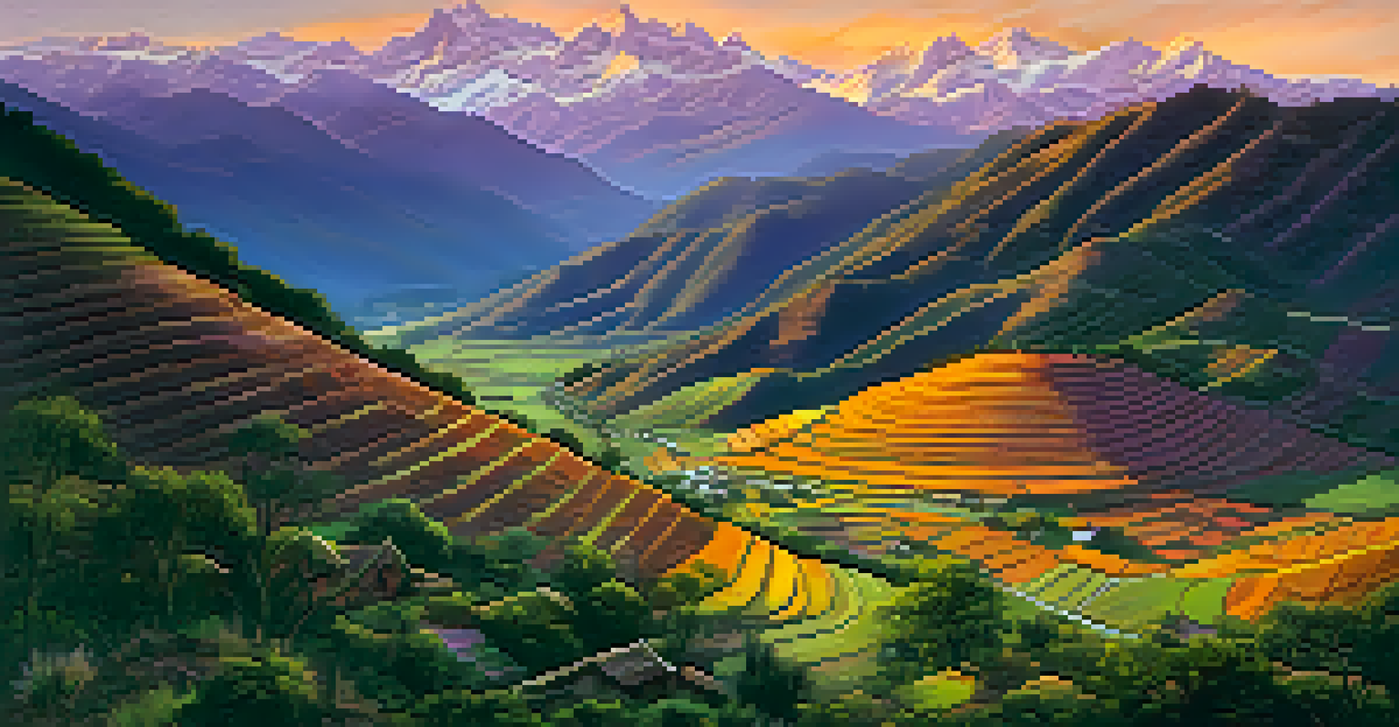 Andes mountains landscape in Peru at sunset, featuring a winding road, farms on the hills, and a colorful sky.