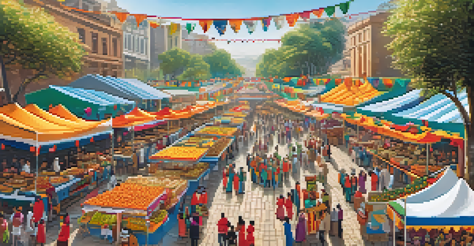 An aerial view of the Mistura food festival in Lima, showcasing vibrant food stalls and attendees enjoying traditional Peruvian cuisine.