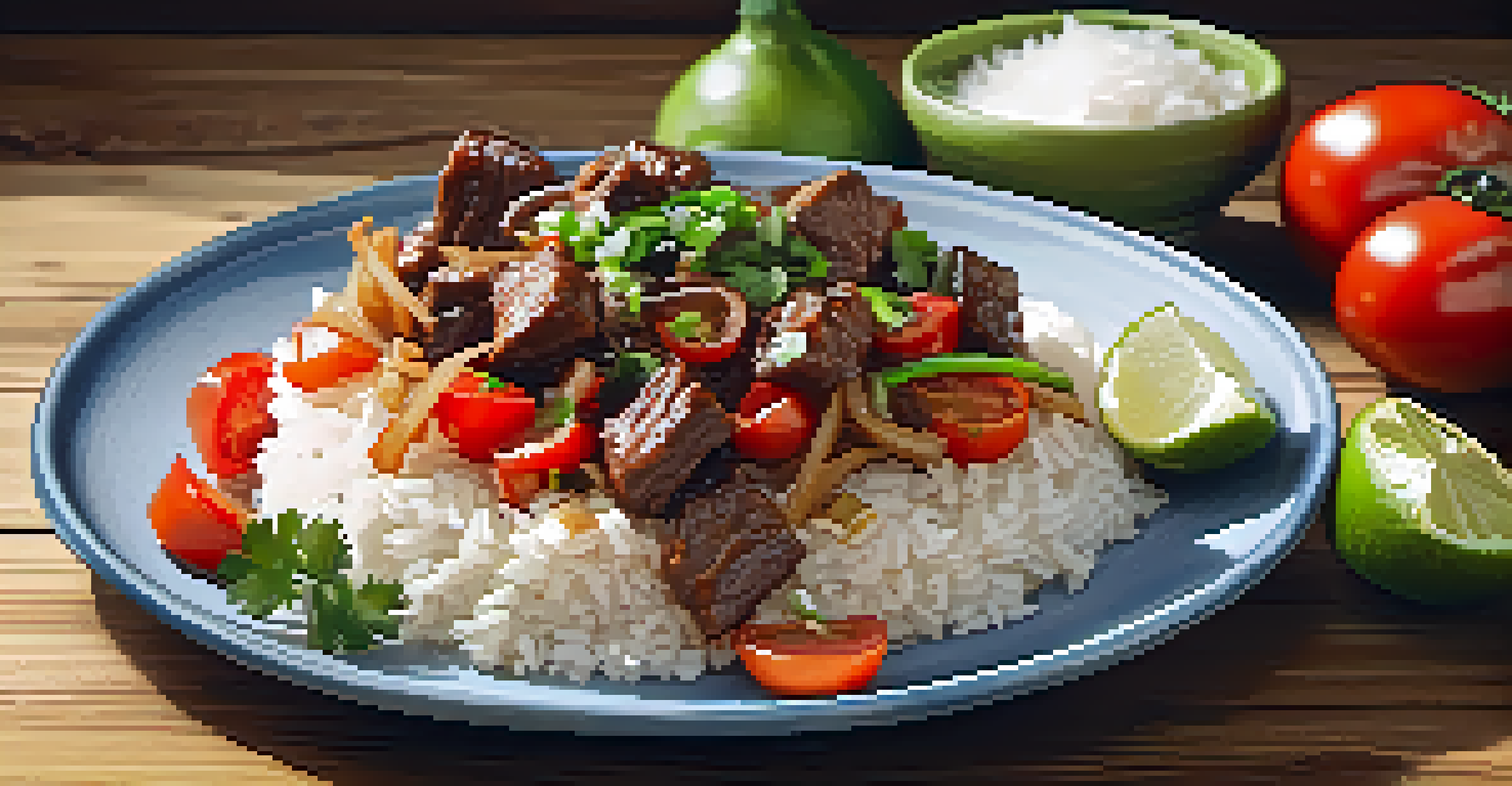 A close-up of a plate of lomo saltado, showcasing stir-fried beef and vegetables on a bed of rice.