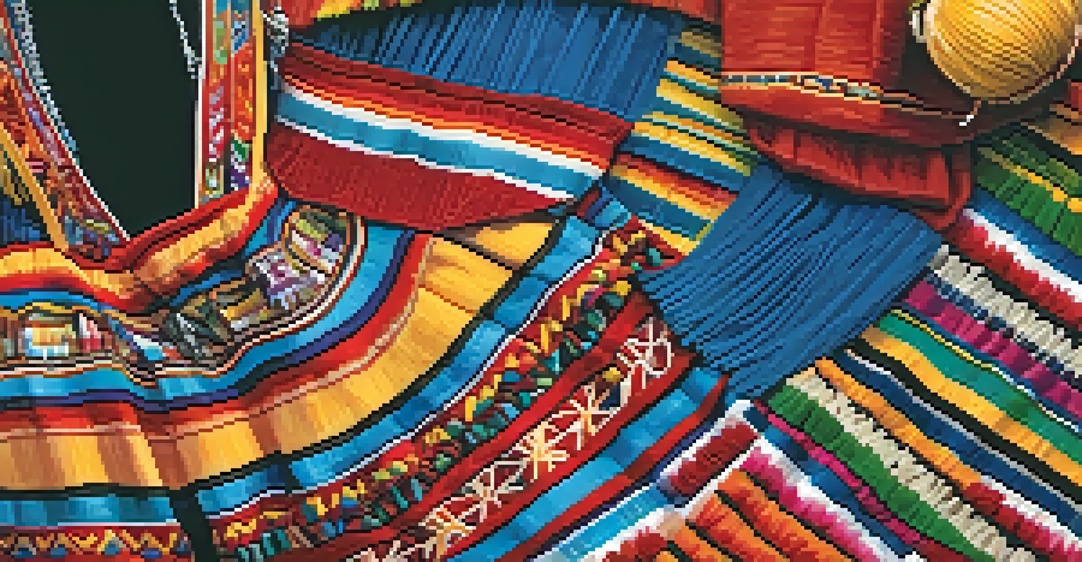 Close-up of a Peruvian dancer's costume with detailed embroidery and bright colors, surrounded by traditional instruments like the charango and pan flute.