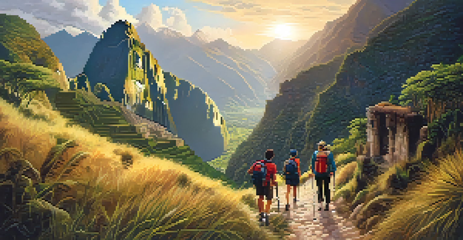 A group of hikers exploring the Inca Trail, with ancient ruins and lush greenery surrounded by the warm glow of the setting sun.