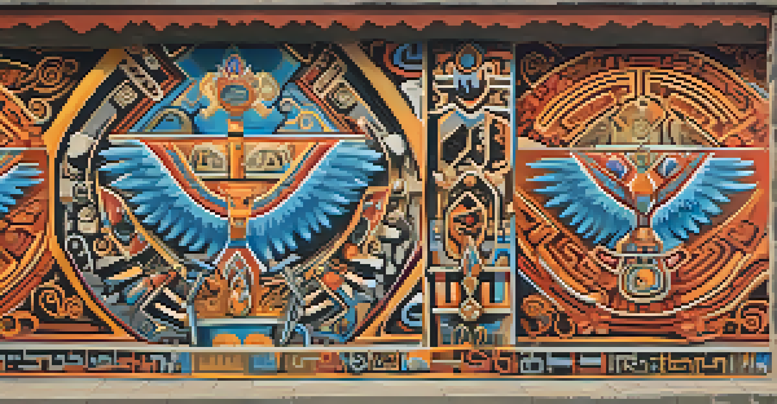 A detailed close-up of a mural in Cusco featuring Andean symbols and modern graffiti, illuminated by warm sunlight.