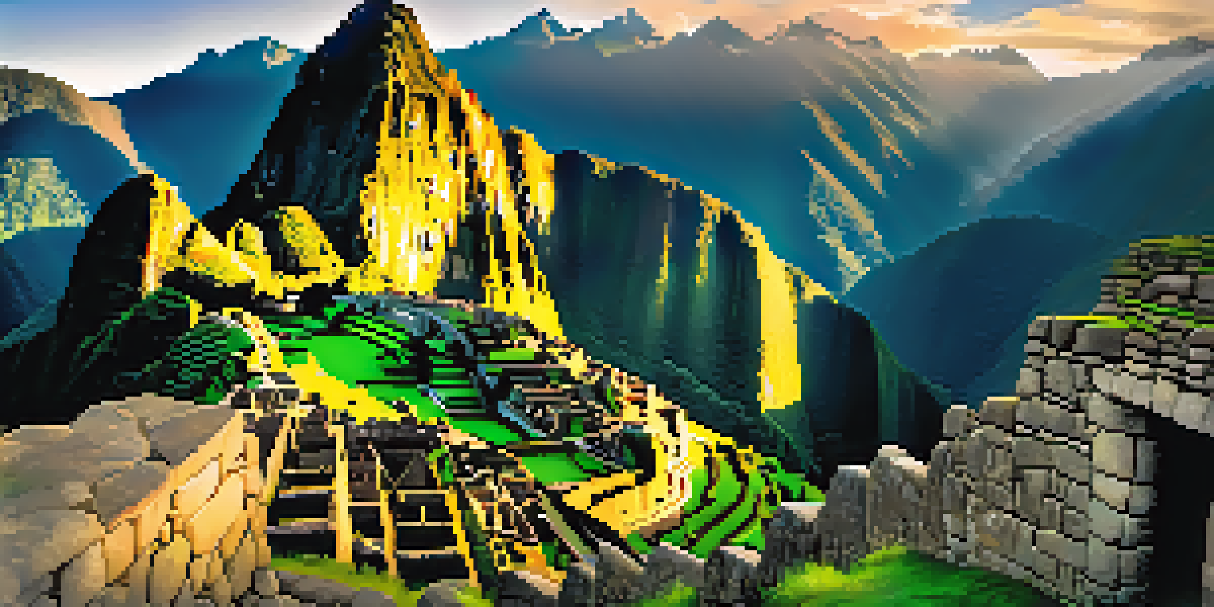 A scenic view of Machu Picchu at sunrise, showcasing ancient ruins illuminated by golden light, with misty mountains and vibrant greenery surrounding the site.