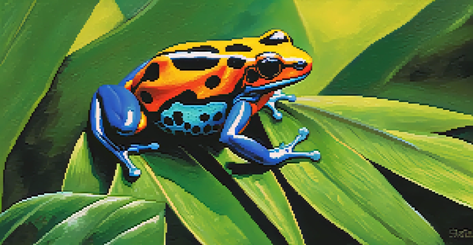 A brightly colored poison dart frog sitting on a green leaf in a rainforest, with sunlight filtering through the trees.