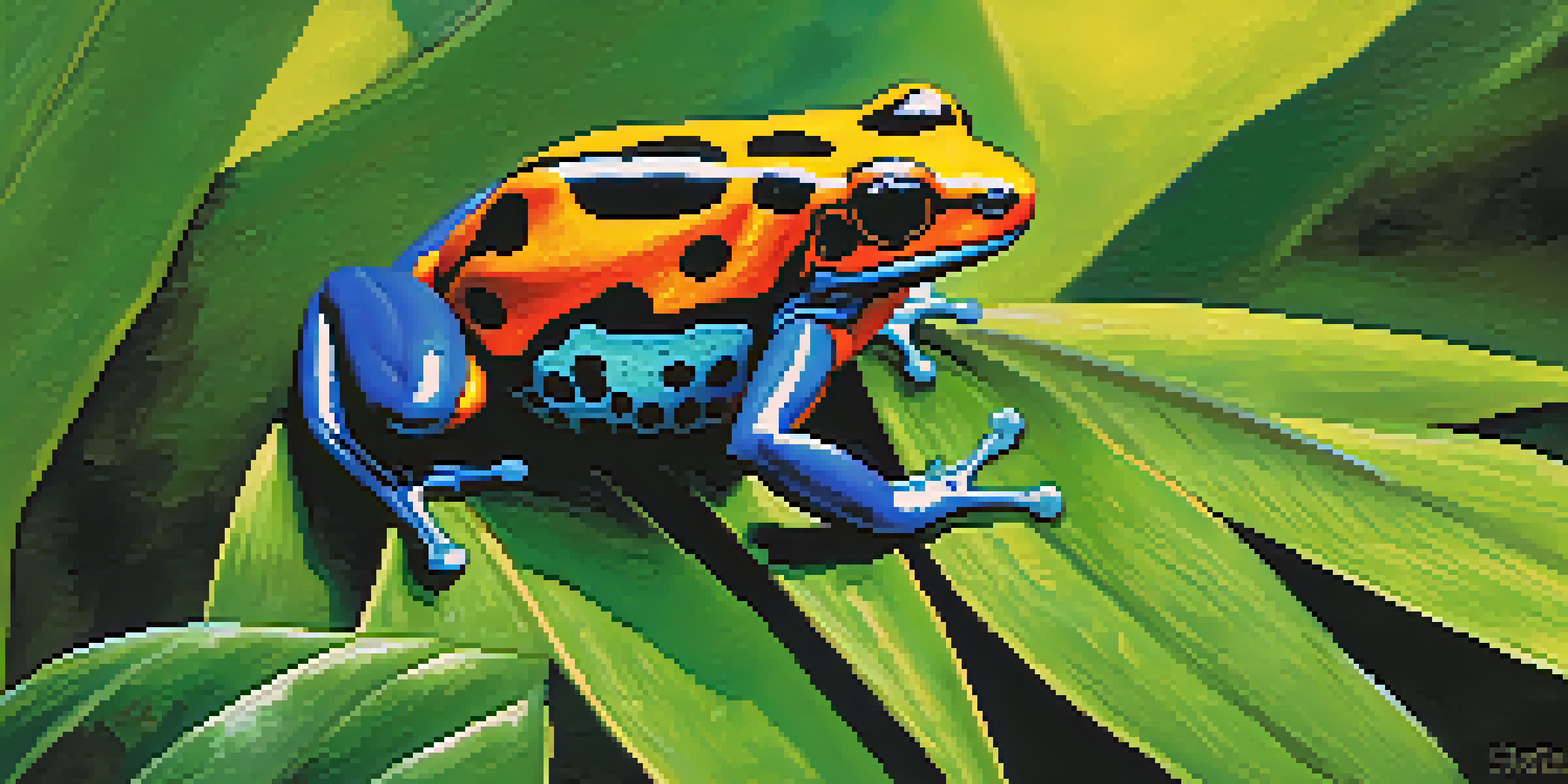A brightly colored poison dart frog sitting on a green leaf in a rainforest, with sunlight filtering through the trees.
