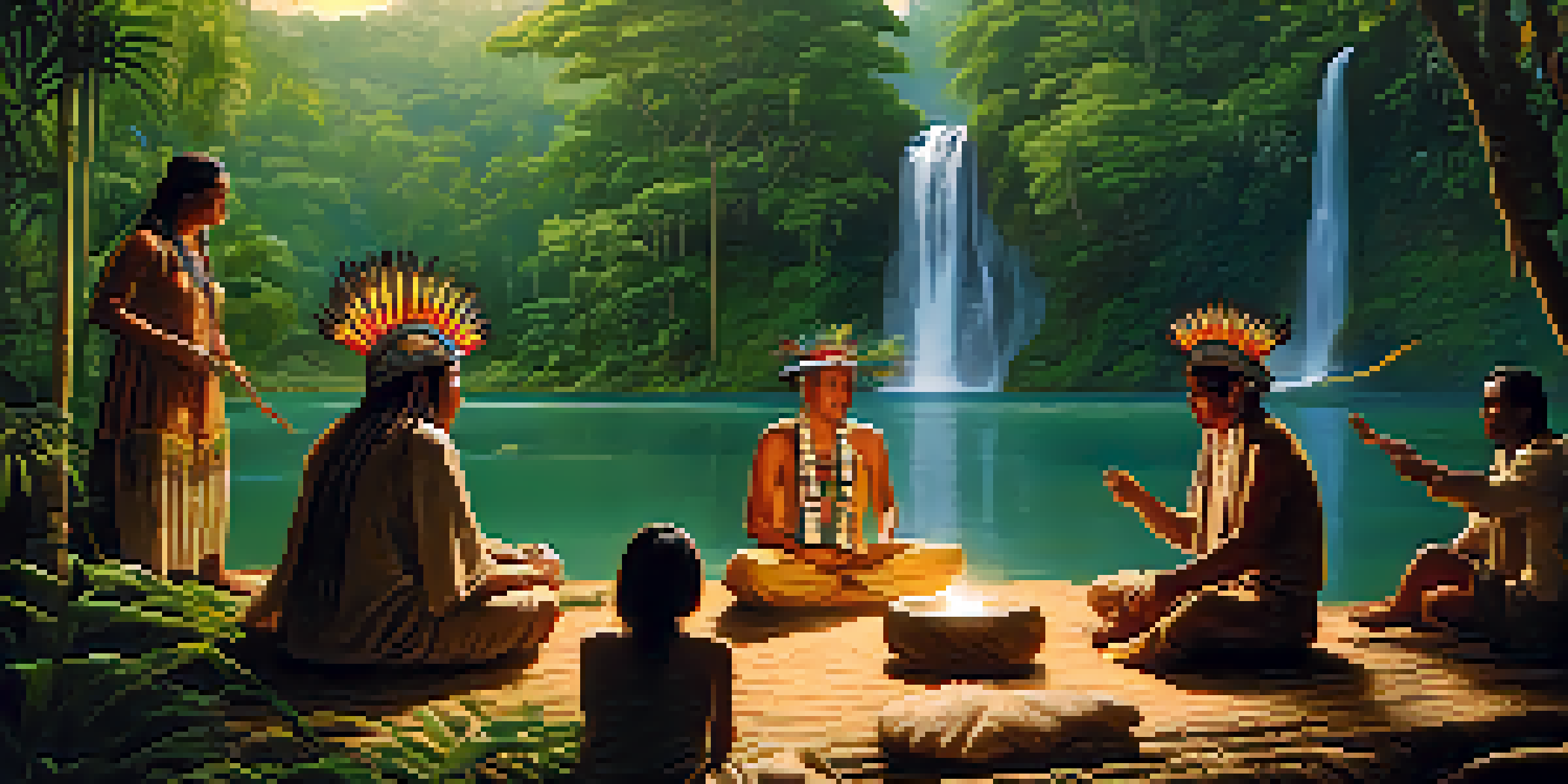 A peaceful Amazon rainforest landscape with lush trees and a river, featuring a group of individuals in a circle participating in an Ayahuasca ceremony led by a shaman.