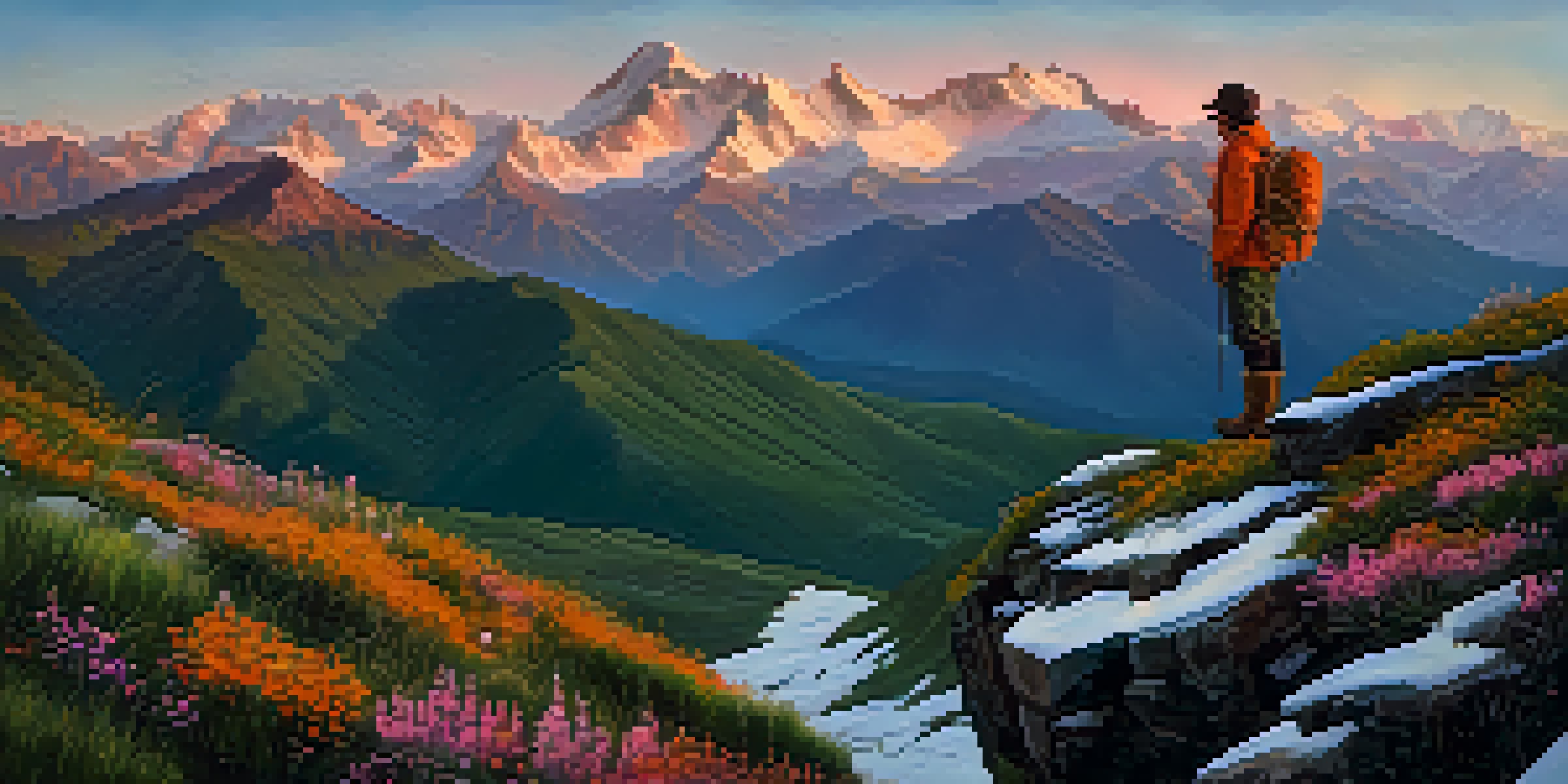 A hiker stands on a rocky outcrop overlooking the Andes mountains at sunset, with vibrant colors in the sky and green valleys below.
