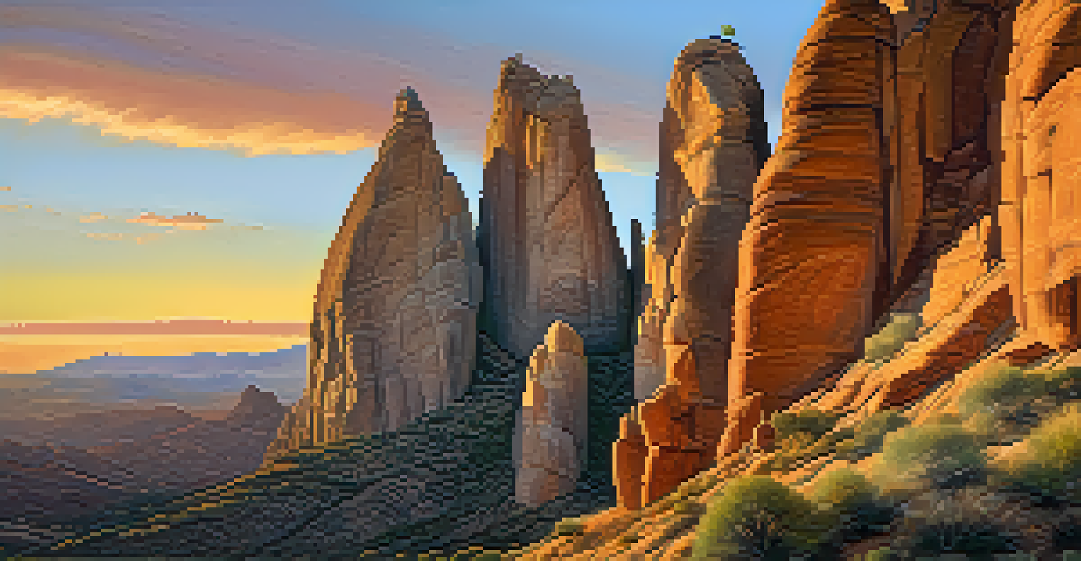 Close-up of the rock formation 'La Catedral' with climbers, illuminated by warm golden hour sunlight, showcasing its textures.