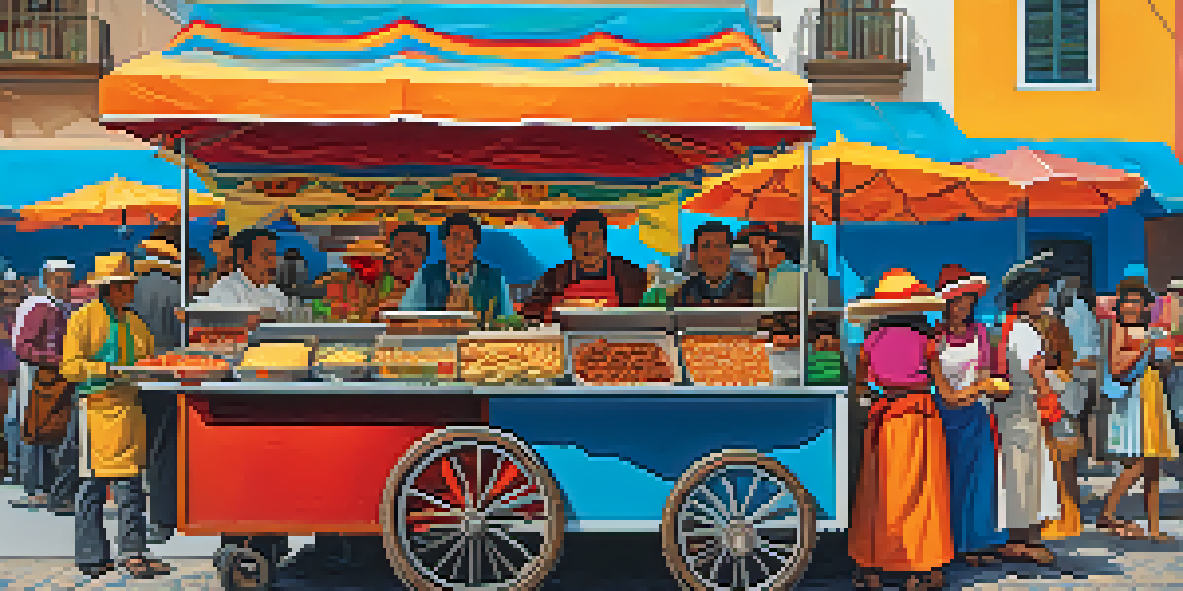 A lively street food scene in Peru with a cart filled with traditional dishes such as anticuchos and salchipapas, surrounded by people enjoying their meals.