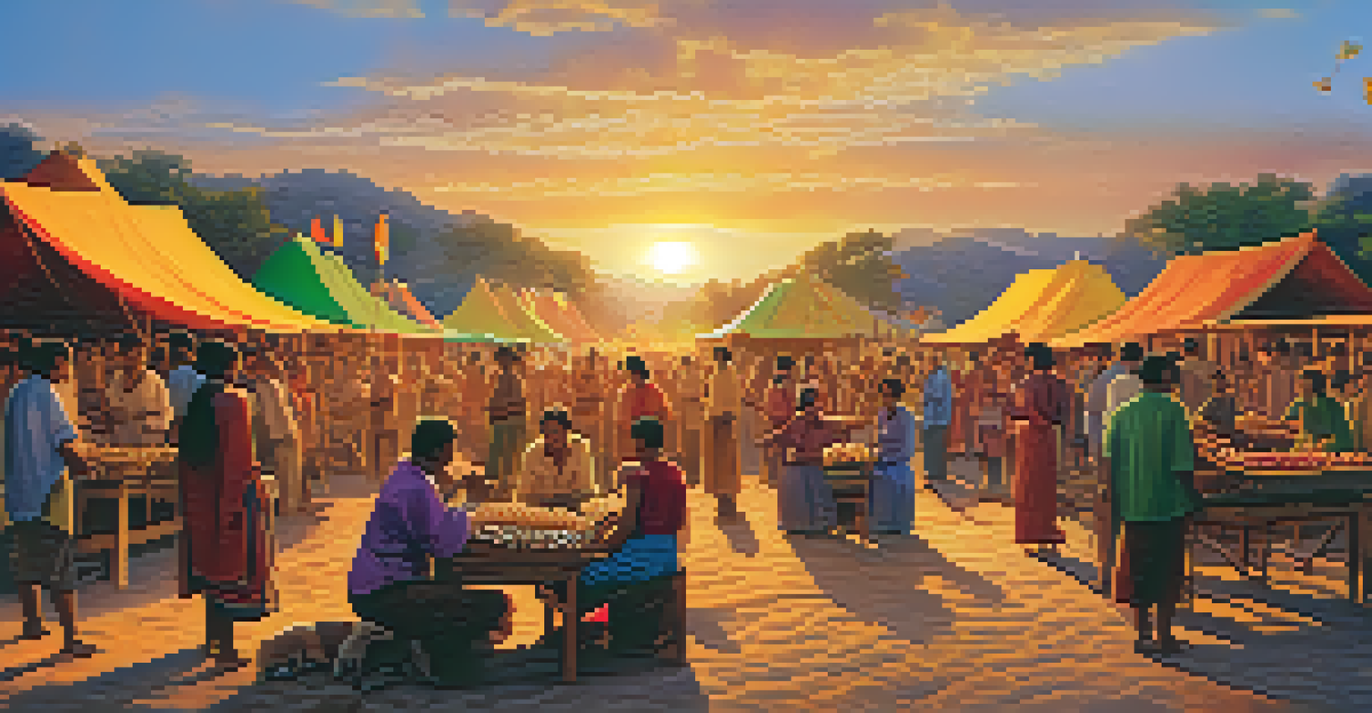 A community event with travelers and locals engaging in traditional activities, colorful decorations and a golden sunset in the background.