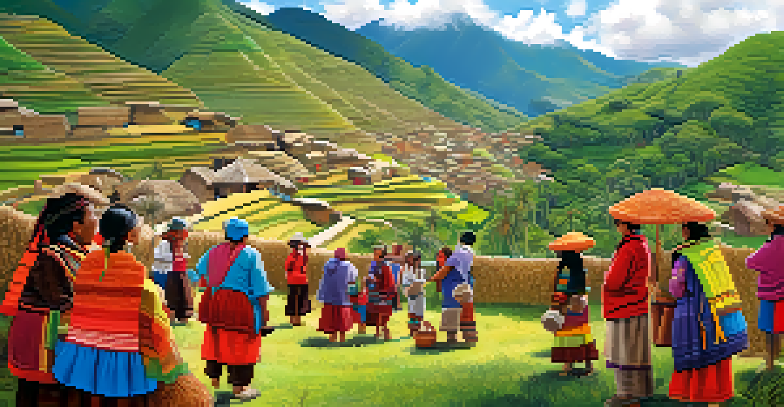 Travelers engaging with local artisans in a traditional Peruvian village, surrounded by colorful houses and hills.