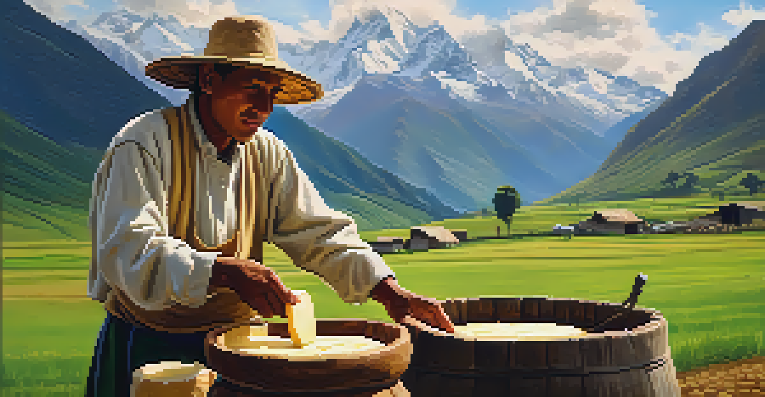 An artisan cheese maker stirring cheese curds in a wooden vat, set against the backdrop of the Andes mountains and green pastures.