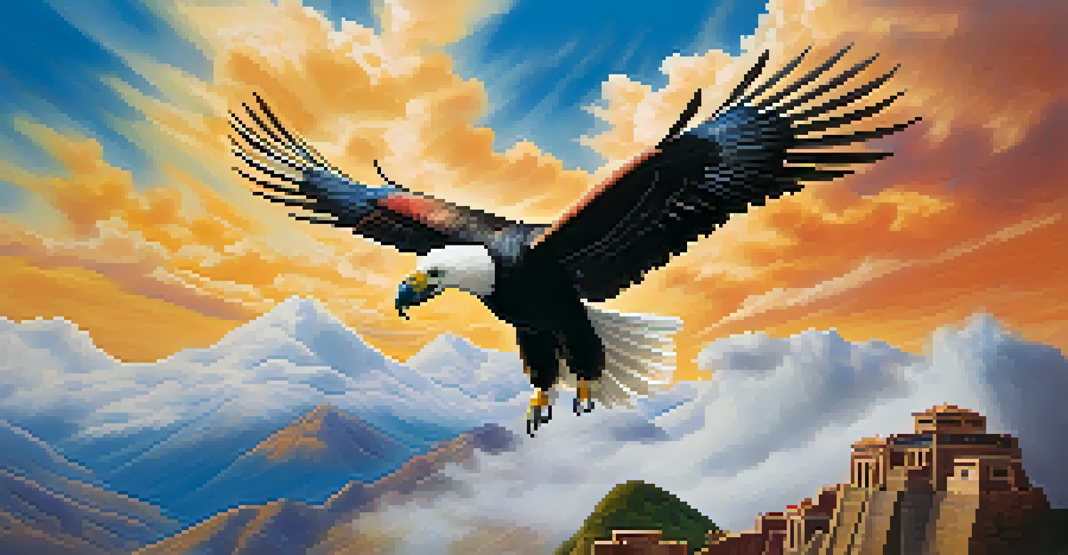 An Inca princess and a condor flying together through a bright sky filled with clouds, depicting their bond.