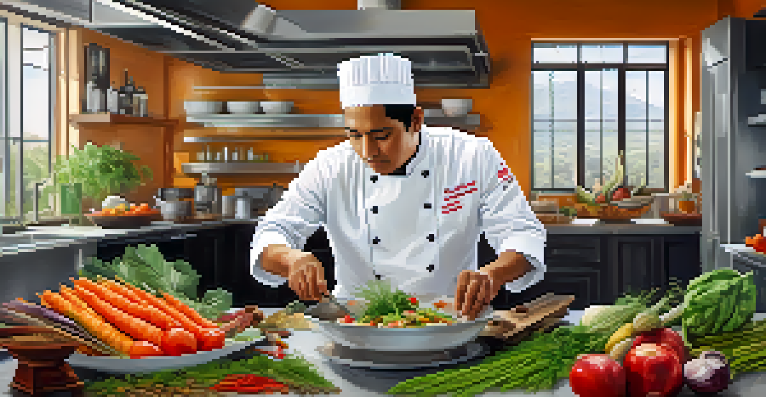 A Peruvian chef in a modern kitchen preparing a fusion dish with fresh ingredients and a vibrant atmosphere.